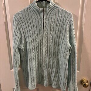 L.L. Bean Women's Teal Full Zip Double L Cable Knit Cardigan Sweater ~ Large
